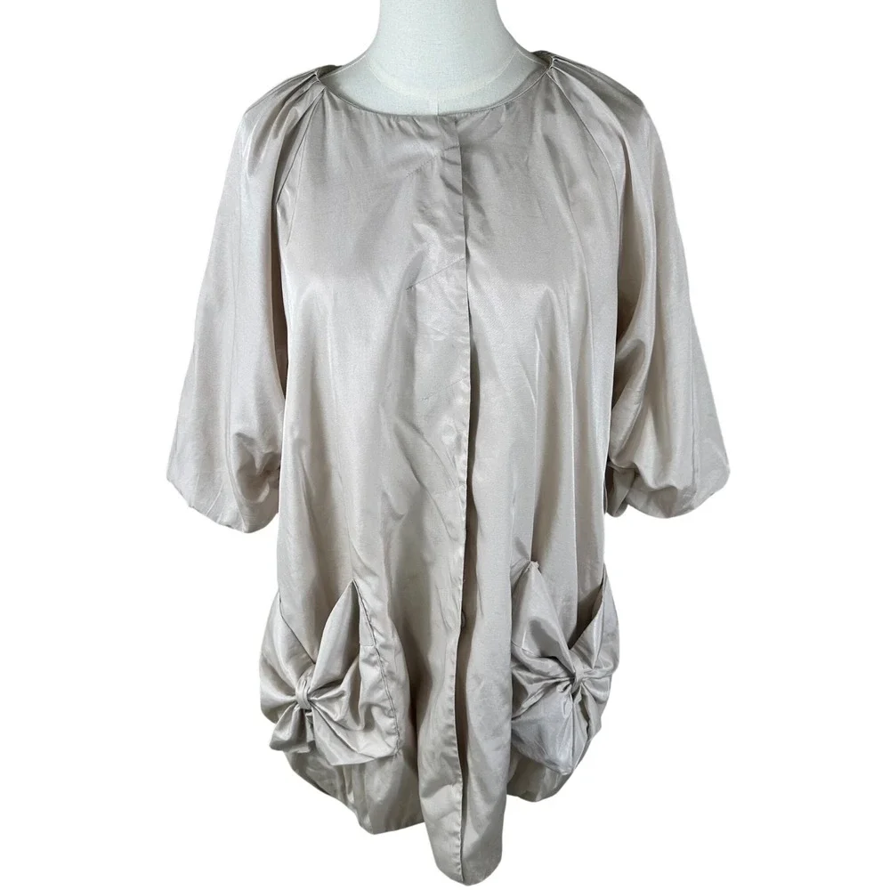 Gracia Champagne Satin Jacket Womens L Balloon Sleeve Bow Pocket Coquette Blouse